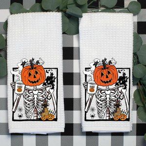 Pumpkin Drinking Coffee, Halloween Tea Towels, Set of 2, Brand new, Handmade